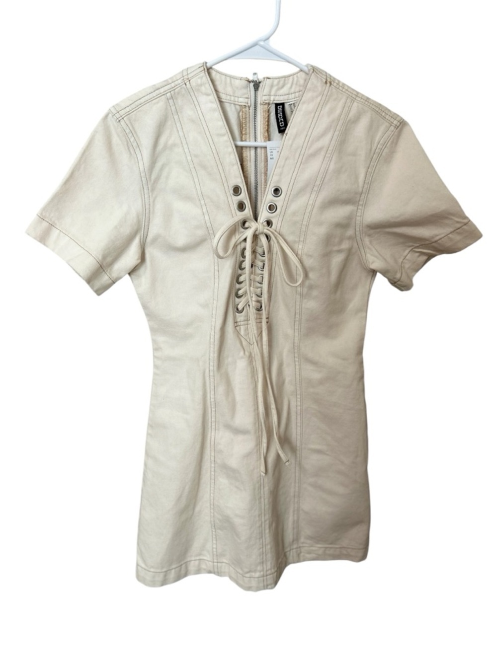 H&M Divided Denim Lace-Up Mini Dress Cream Contrast Stitch NWT Size XS